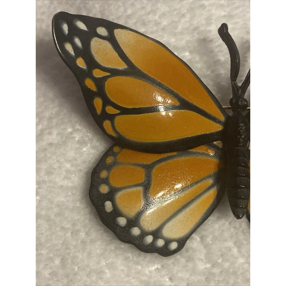 Goldtone Monarch Butterfly Brooch Black Orange Yellow Tiered Wings Glossy Finish - Picture 3 of 7